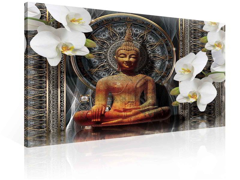 Buddha Flowers Orchids Mandala Black Canvastavla (PP2315O1)